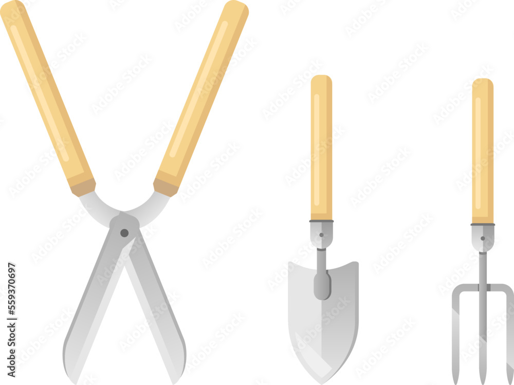 Set of sample gardening tools equipments in colors, garden shears with hand tools, hand rake and hand shovel, flat style Set of sample gardening tools equipments in colors, garden shears with hand tools, hand rake and hand shovel, flat style