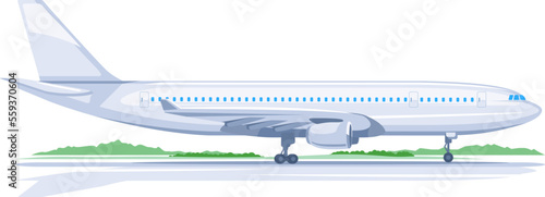 One light big passenger airplane standing on ground in profile, isolated