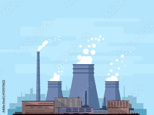 Thermal power station, industrial factory, manufacturing plant with smoke from chimney, environmental pollution, flat style, isolated