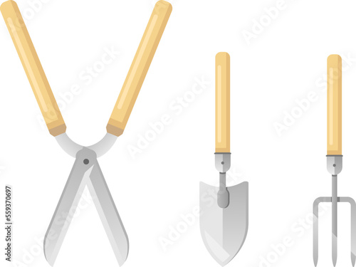 Set of sample gardening tools equipments in colors, garden shears with hand tools, hand rake and hand shovel, flat style