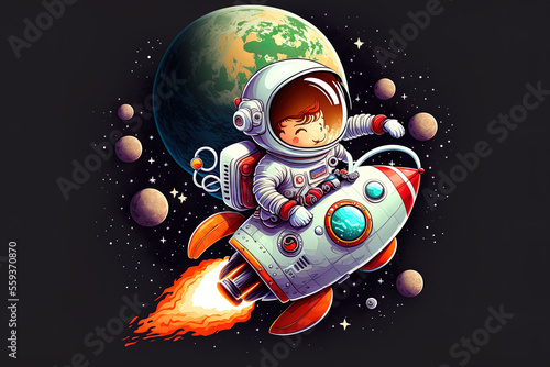 Illustration of a spaceman riding a rocket with a luxury t shirt design. Generative AI