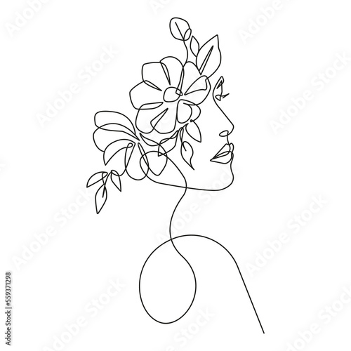 Woman Head with Flowers Line Art Vector Drawing. Style Template with Female Face with Flowers and Leaves. Modern Minimalist Simple Linear Style. Beauty Fashion Design 