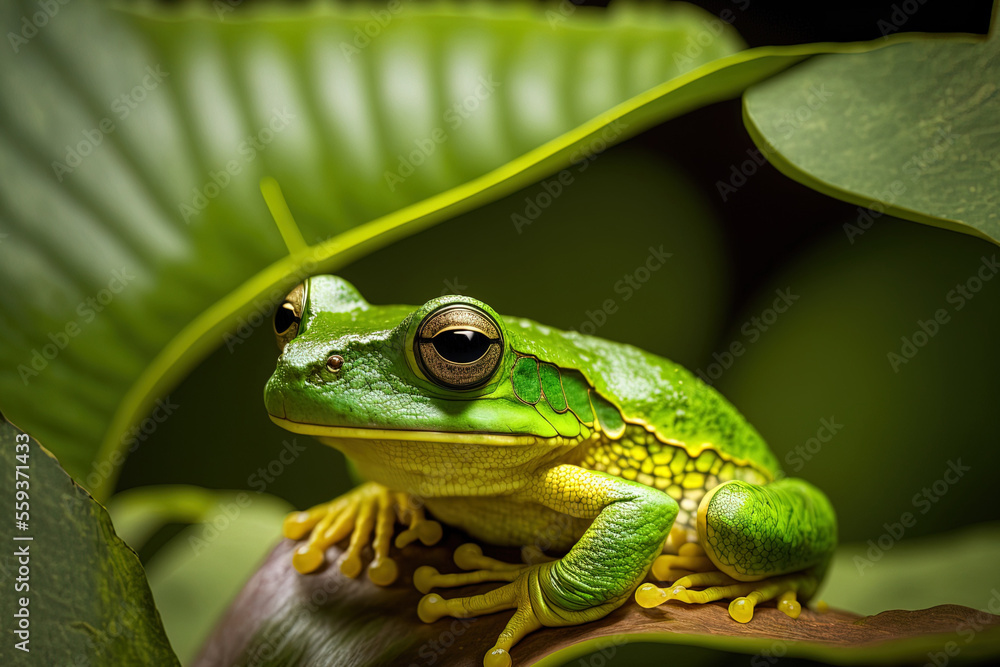 Green leaves with a dumpy frog (Litoria caerulea) on a branch. Generative AI Green leaves with a dumpy frog (Litoria caerulea) on a branch. Generative AI