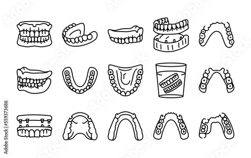 False teeth line icons set. Dental prosthetic.