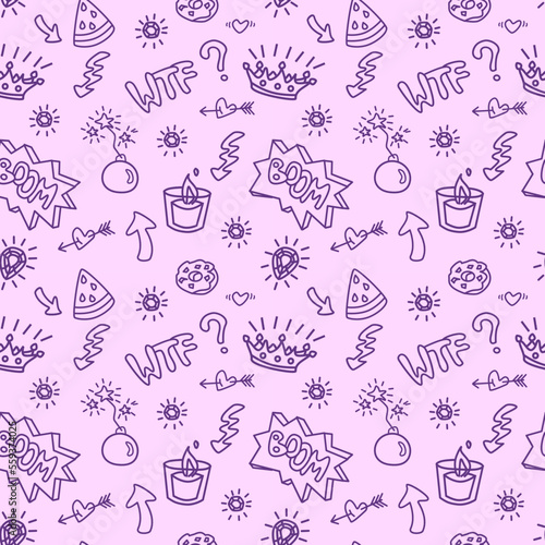 2000s emo girl kawaii style seamless pattern texture background with elements like crown, watermelon, bomb, arrow, speech balloon and diamond Doodle design for textile graphics, wallpapers
