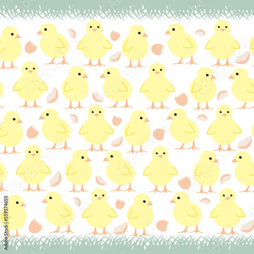 Pattern with chicks, eggshell and grass on isolated white background. Vector illustration.