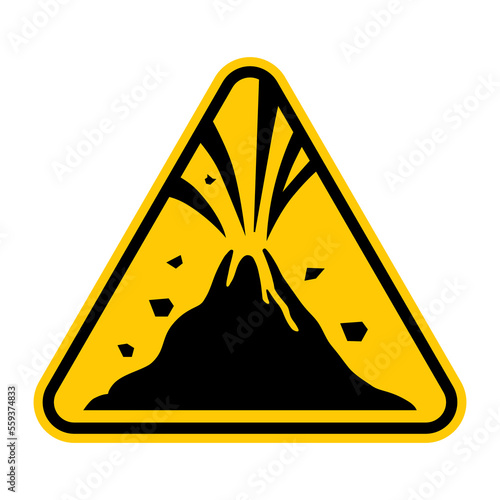 Active volcano zone warning sign. Vector illustration of yellow triangle sign with volcano erupting icon inside. Caution ejecting rocks and lava. Dangerous area. Lava, volcanic ash and gases.