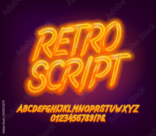 Retro Script alphabet font. Bright neon letters and numbers. Stock vector typeface for your design.