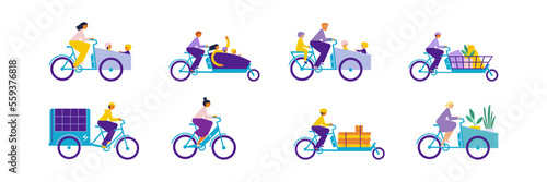 People riding electric bicycle set. Electric bikes, cargobike. Woman, man, courier, family, kids, children.  Flat vector illustration
