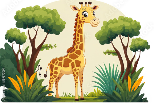 cartoon giraffe in the jungle drawing. Generative AI