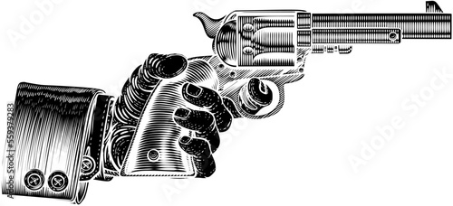 A hand in business suit holding a western cowboy gun pistol revolver in a vintage woodcut style