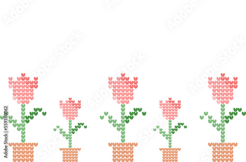 Tulip garden vector for Valentine’s Day, February 14 Valentines greeting card design, pink flowers in pot wallpaper background, tulip greeting card design, Valentine’s Day of pink flowers cross stitch