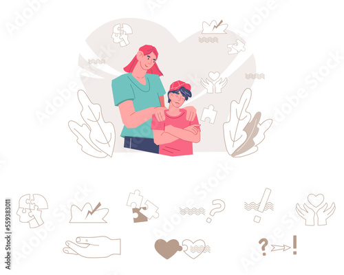 Child psychology banner and icons set, flat vector illustration isolated on white background. Family advisor and psychotherapy bundle of elements for website and print.