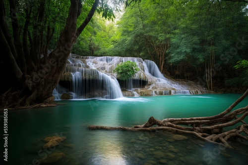Thailand's national park near Kanchanaburi has the third tiered Erawan waterfall. Generative AI © 2rogan