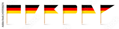 Realistic various German toothpick flags. Souvenir from Germany. Wooden toothpicks with paper flag. Location mark, map pointer. Blank mockup for advertising and promotions. Vector illustration