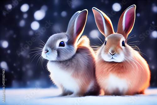 Two сute rabbit winter in the snow, snowdrifts, fluffy snow. Falling snow, falling snowflakes