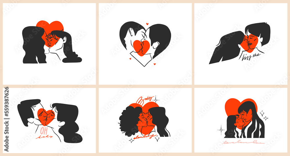 Hand drawn vector abstract graphic illustration Valentines day cards template, drawing kissing couple portrait set in heart silhouette.Love couple kissing together.Valentines beautiful design concept.