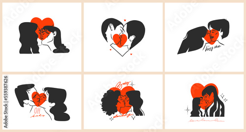 Hand drawn vector abstract graphic illustration Valentines day cards template, drawing kissing couple portrait set in heart silhouette.Love couple kissing together.Valentines beautiful design concept.