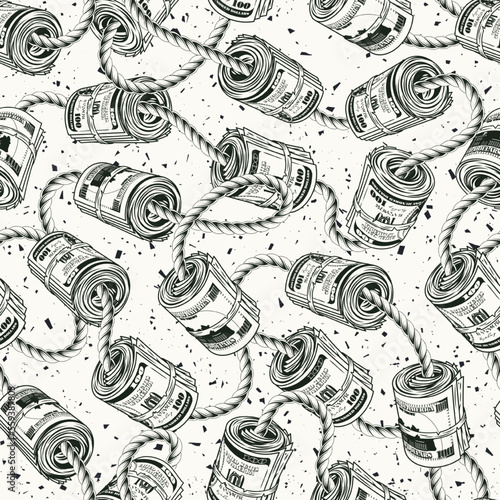 Money seamless pattern with rolls of 100 dollars bills bounded by jute rope on white textured background. Detailed monochrome vintage vector illustration