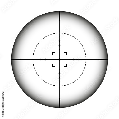 Weapon sight, sniper rifle optical scope. Hunting gun viewfinder with crosshair. Aim, shooting mark symbol. Military target sign, silhouette. Game interface UI element. Vector illustration