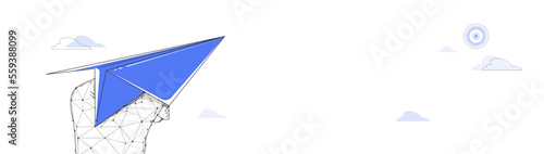 Low poly wireframe Hand holding Paper Airplane shoot target. Concept of success. Vector illustration