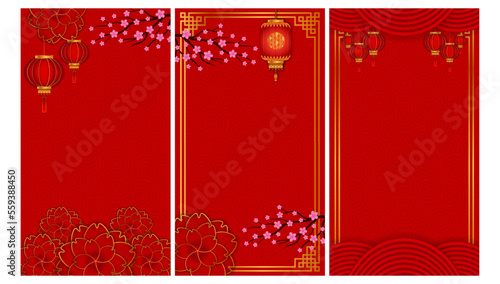Chinese background 2023 template, Lunar new year concept with lantern or lamp, ornament, and red gold background for sale, banner, posters, cover design templates, social media wallpaper