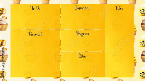 Desktop Organizer Yellow Wallpaper with pattern of ice cream, padlock, cake