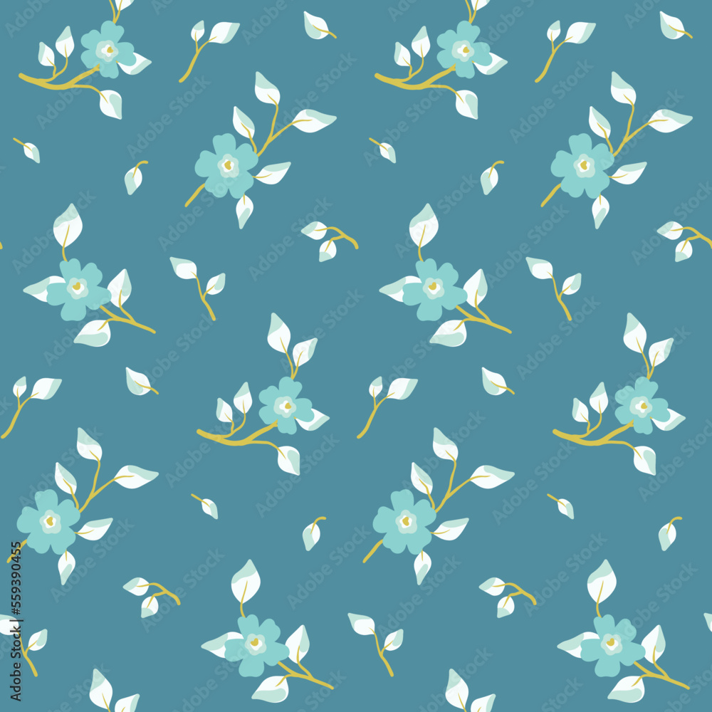 Seamless floral pattern, simple flower print with decorative art plants. Cute flower surface design with small hand drawn flowers, leaves, twigs on blue background. Vector botanical illustration.