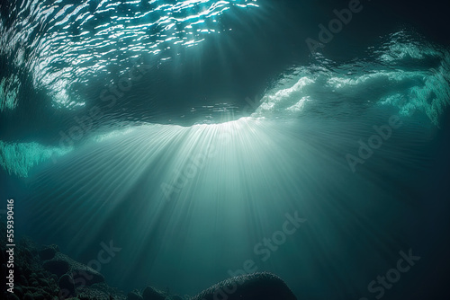 Underwater light rays, hazy natural landscape and abstract sea backdrop. Generative AI