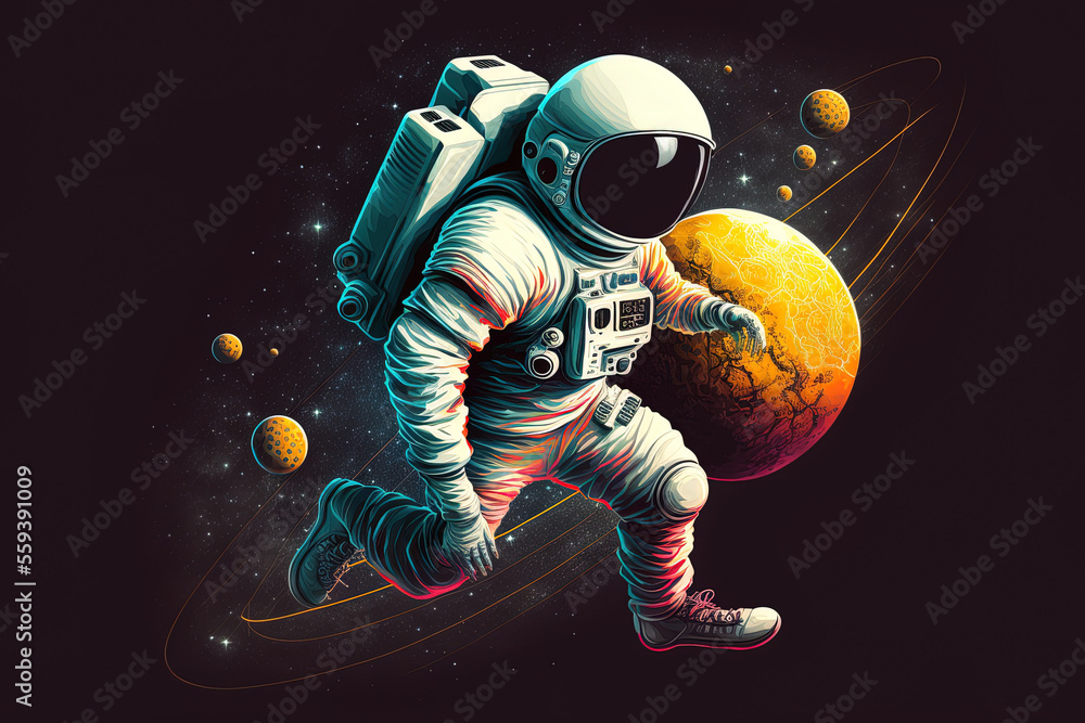 Illustration of a football playing astronaut on a planet. Generative AI Illustration of a football playing astronaut on a planet. Generative AI