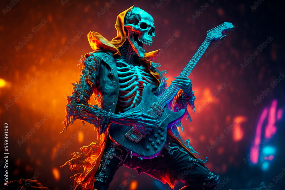 Fantastic guitarist skeleton with creepy guitar Generative AI Fantastic guitarist skeleton with creepy guitar Generative AI