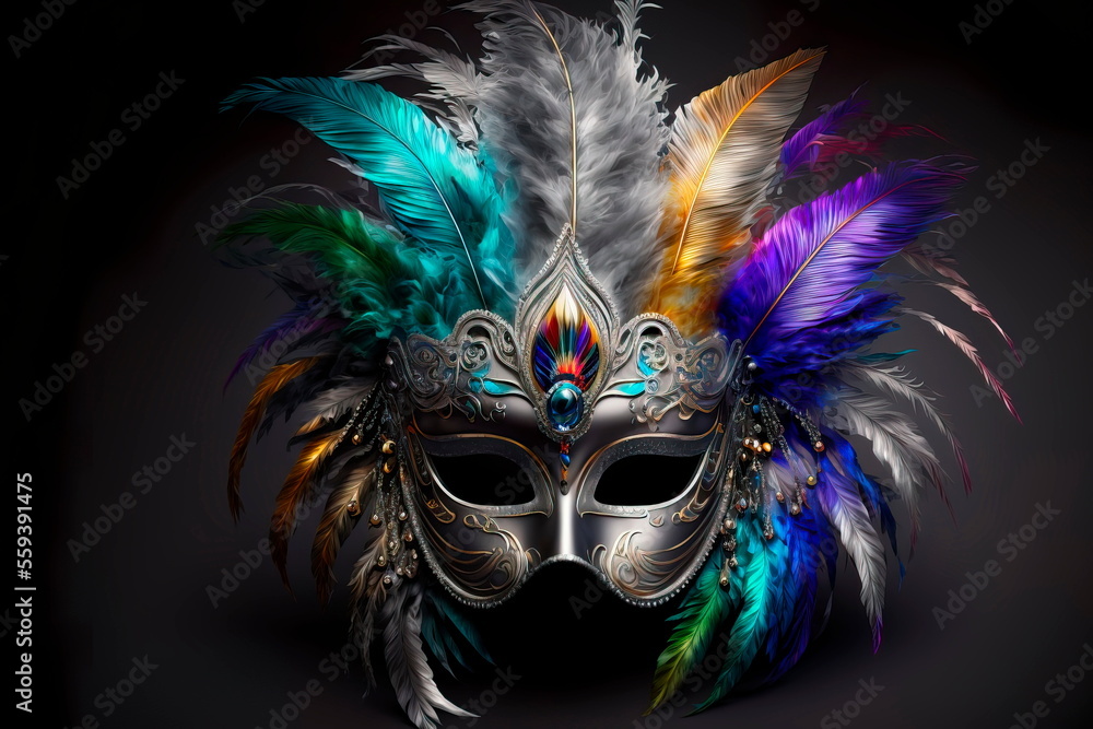 Silver carnival mask on black background. Generative AI
