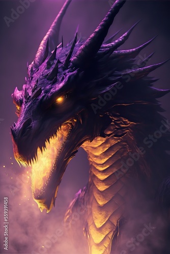 Purple dragon with golden breath. Fantasy concept. Generative ai.