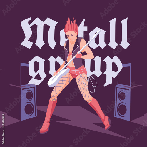 Rock, metal or grunge girl guitarist on stage, dark background. Concert print and media advertising. Vector flat illustration