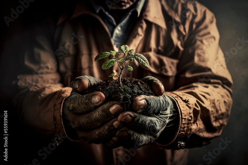 Hands holding and caring a young green plant, Generative AI