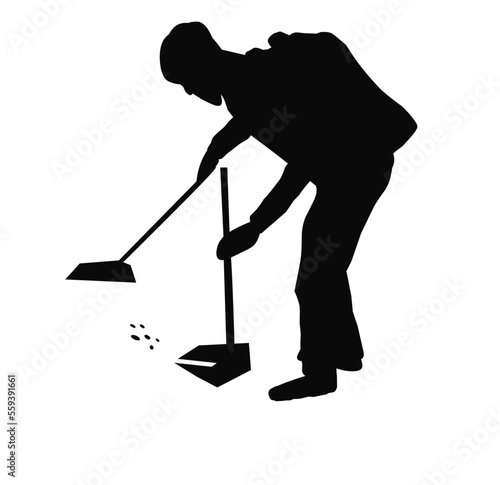 Worker sweeping with besom vector silhouette illustration isolated on white. Man with brush collects leaves. Cleaning street, boy leaf cleaner with broom. City utility service washing communal company