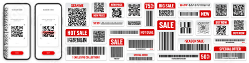 Product barcodes and QR codes. Smartphone application, scanner app. Sale stickers, discount label or promotional badge. Serial number, product ID. Store, supermarket scan labels. Vector illustration
