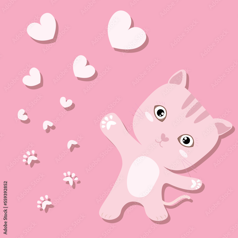 Vector illustration of lovely cat with footprint and heart on soft pink background Vector illustration of lovely cat with footprint and heart on soft pink background