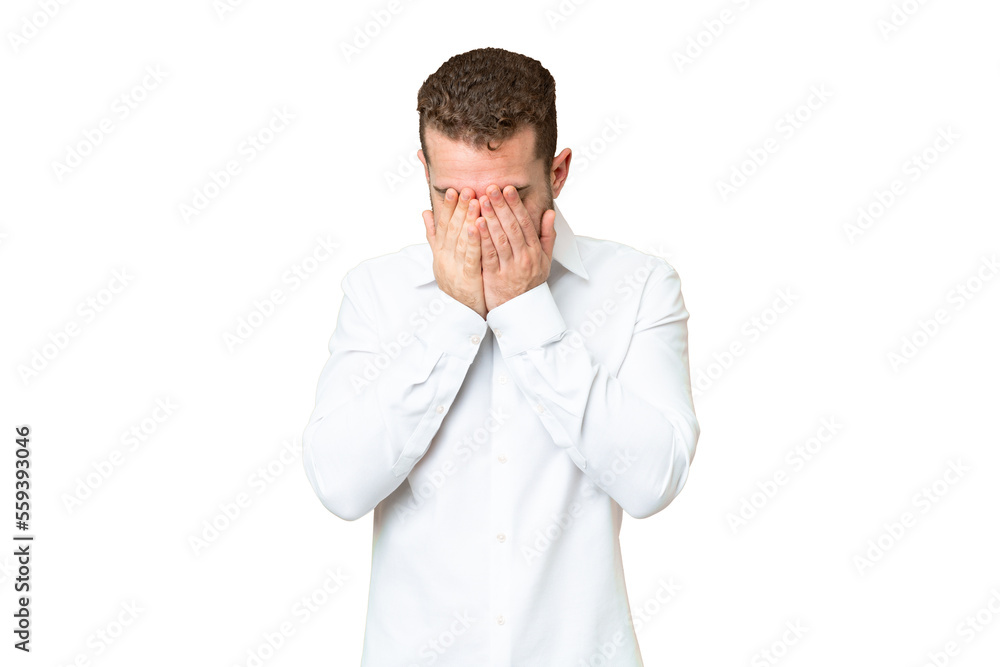 Young handsome blonde man over isolated chroma key background with tired and sick expression Young handsome blonde man over isolated chroma key background with tired and sick expression