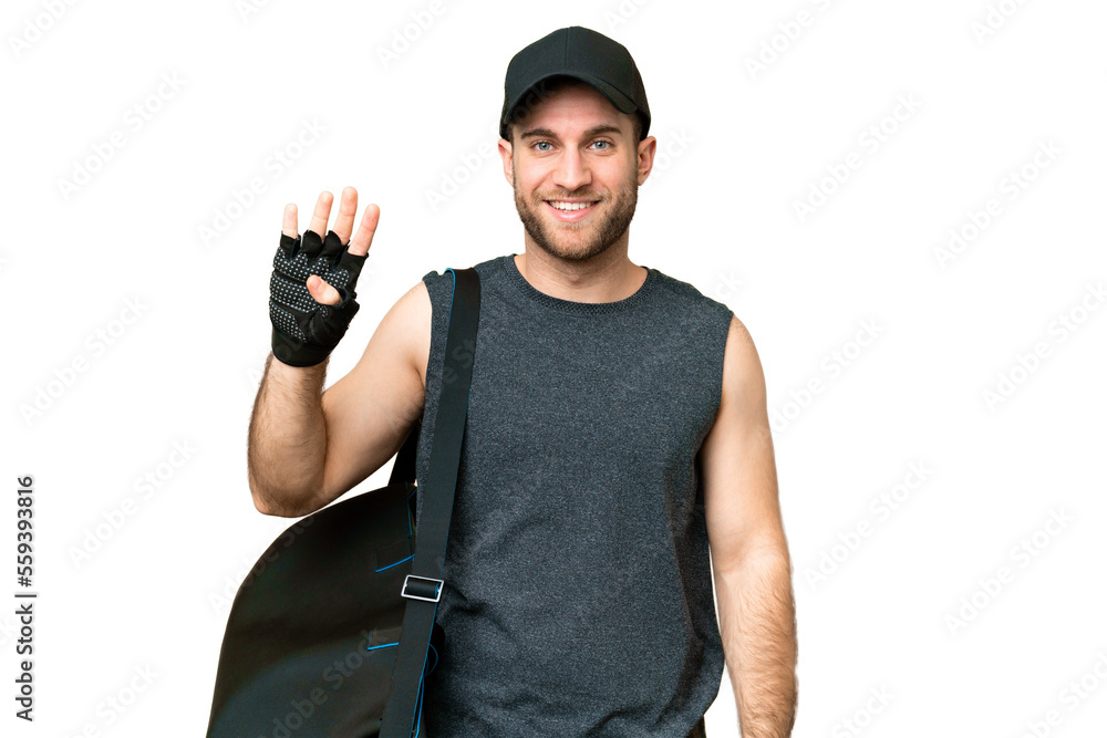 Young sport man with sport bag over isolated chroma key background happy and counting four with fingers Young sport man with sport bag over isolated chroma key background happy and counting four with fingers