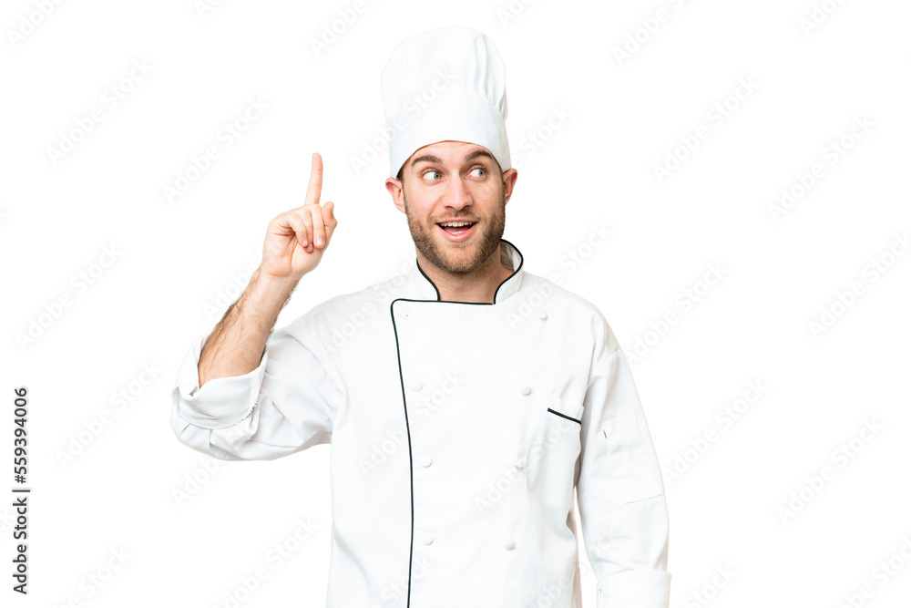 Young blonde man Chef over isolated chroma key background intending to realizes the solution while lifting a finger up