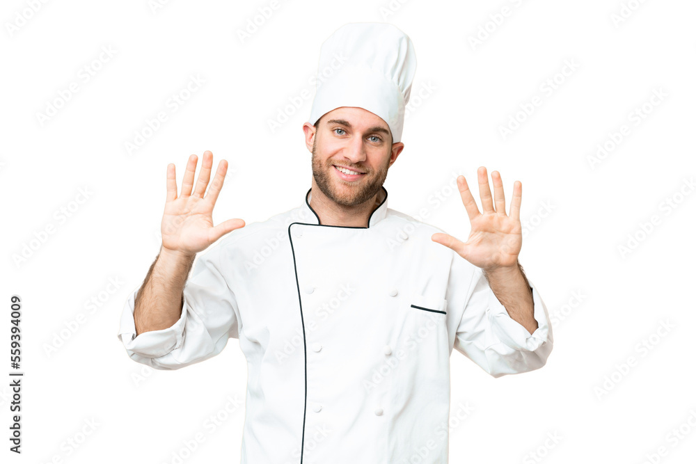 Young blonde man Chef over isolated chroma key background counting ten with fingers Young blonde man Chef over isolated chroma key background counting ten with fingers