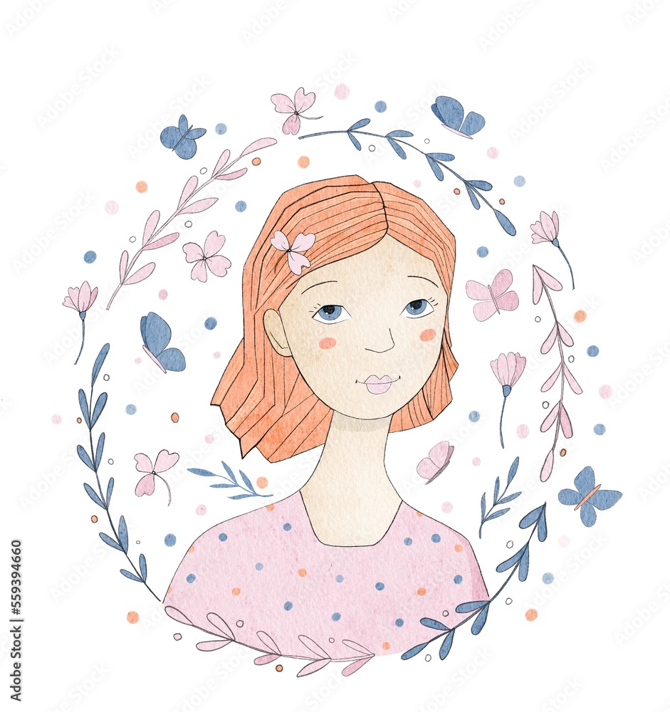 girl in flowers drawing, watercolor illustration of beautiful young woman with ginger hair and wreath of floral ornament girl in flowers drawing, watercolor illustration of beautiful young woman with ginger hair and wreath of floral ornament