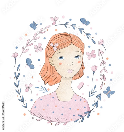 girl in flowers drawing, watercolor illustration of beautiful young woman with ginger hair and wreath of floral ornament