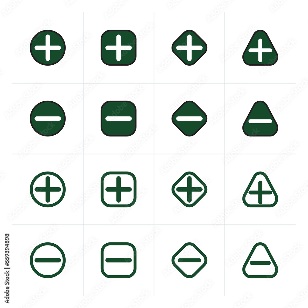 Set of plus and minus icons. Vector illustration Set of plus and minus icons. Vector illustration