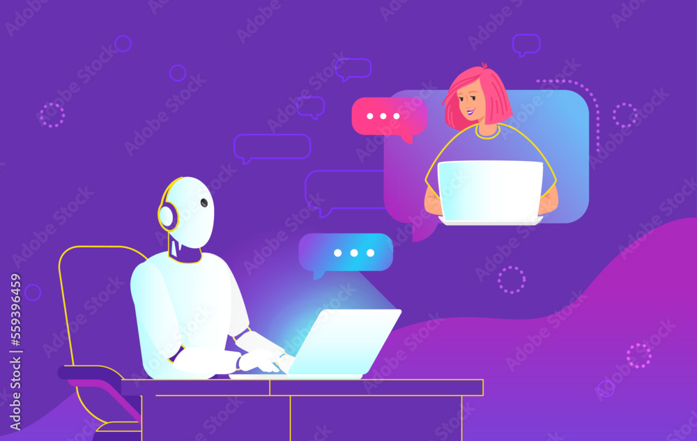Chatbot ai and customer service online chat. Gradient vector illustration of young woman texting to chatbot using laptop. Virtual intelligent assistant consulting, customer online support and helpdesk