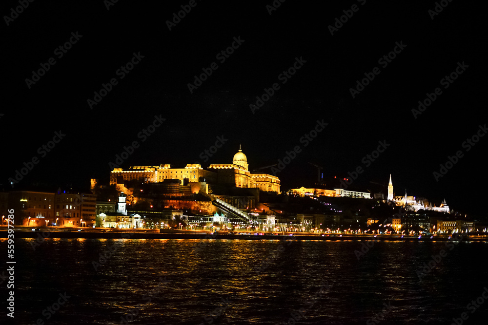 Buda Castle from Danube river in the night, Budapest, Hungary