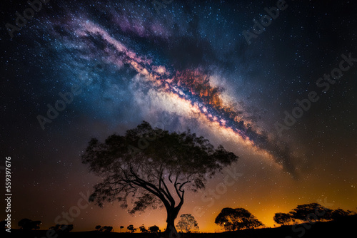 at the national park of Phu Hin Rong kla, the milky way and a tree silhouette Thailand's Phitsanulok long exposure image with grain. Generative AI