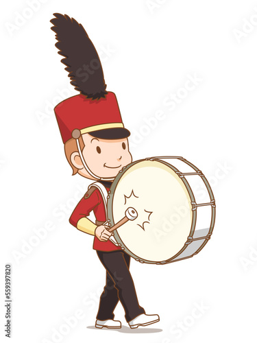 Cartoon character of marching band bass drum player.