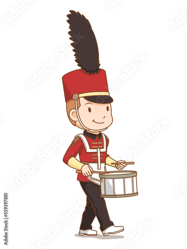 Cartoon character of marching band snare drum player.